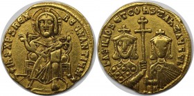 Byzantinische Münzen. Basilius I. (867-886 n. Chr) und Constantinus. AV Solidus 868-879 n. Chr., Constantinopolis. Vs.: Christus thront v. v. Rs.: Bei...