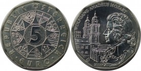 RDR – Habsburg – Österreich, REPUBLIK ÖSTERREICH. 250. Geburtstag von Wolfgang Amadeus Mozart. 5 Euro 2006, Silber. KM 3131. Stempelglanz, mit Plastik...