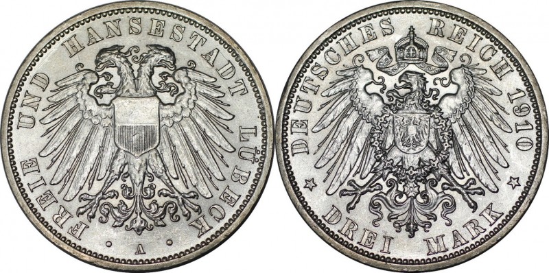 Deutsche Münzen und Medaillen ab 1871, REICHSSILBERMÜNZEN, Lübeck. 3 Mark 1910 A...