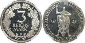 Deutsche Münzen und Medaillen ab 1871, WEIMARER REPUBLIK. 3 Reichsmark 1925 F, 1000-Jahrfeier der Rheinlande. Silber. Jaeger 321. NGC PF-64 Cameo.
