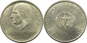 Deutsche Münzen und Medaillen ab 1871, WEIMARER REPUBLIK. Gotthold Ephraim Lessing. 5 Reichsmark 1929 D, Silber. Jaeger 336. Vorzüglich-Stempelglanz
