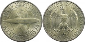 Deutsche Münzen und Medaillen ab 1871, WEIMARER REPUBLIK. 3 Reichsmark 1930 A, Luftschiff Graf Zeppelin fliegt um die Welt. ( August-September 1929). ...