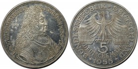 Deutsche Münzen und Medaillen ab 1945, BUNDESREPUBLIK DEUTSCHLAND. Markgraf von Baden. 5 Mark 1955 G. Silber. Jaeger 390. Vorzüglich-Stempelglanz