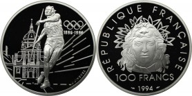 Europäische Münzen und Medaillen, Frankreich / France. 100 Jahre IOC - Speerwerfen. 100 Francs 1994, Silber. 1.0 OZ. KM 1048. Polierte Platte, mit Box...