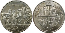 Europäische Münzen und Medaillen, Island / Iceland. 1100 Jahre Erstbesiedlung. 1000 Kronur 1974, Silber. KM 21. Stempelglanz