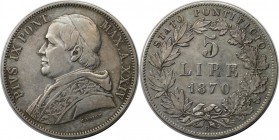 Europäische Münzen und Medaillen, Italien / Italy. Päpstliche Staaten. Pius IX. (1846-1878). 5 Lire 1870 - IV R, Silber. KM 1385. Sehr schön+