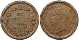 Europäische Münzen und Medaillen, Monaco. Honore V. (1819-1841). 10 Centimes 1838 MC, Kupfer. KM 97.1, Gad. 111. Sehr schön-vorzüglich