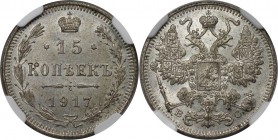 Russische Münzen und Medaillen, Nikolaus II. (1894-1918). 15 Kopeken 1917 BC, Silber. Bitkin 144 (R). NGC MS 64