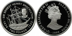 Weltmünzen und Medaillen, Falklandinseln / Falkland islands. Sir Ernest Henry Shackleton. 2 Pounds 1999. 28,28 g. 0.925 Silber. 0.84 OZ. KM 64a. Polie...