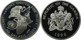 Weltmünzen und Medaillen, Gambia. 50 Jahre Vereinte Nationen. 20 Dalasis 1995. 28,28 g. 0.925 Silber. 0.84 OZ. KM 37a. Polierte Platte
