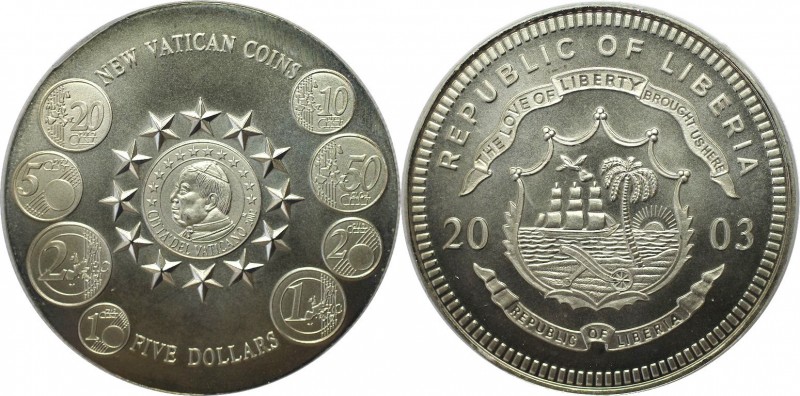 Weltmünzen und Medaillen, Liberia. Vatikan Euro. 5 Dollars 2003, Kupfer-Nickel. ...