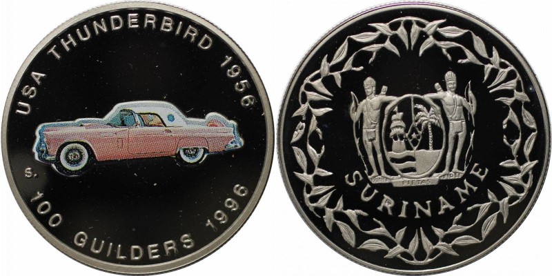 Weltmünzen und Medaillen, Suriname. Ford - Thunderbird 1956. 100 Gulden 1996. Ku...