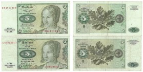 Banknoten, Deutschland / Germany, Lots und Sammlungen. BRD: Deutsche Bundesbank. 5 Deutsche Mark 2.1.1960 Pick: 18, Ro: 262b, 5 Deutsche Mark 2.1.1980...