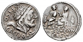 Calpurnius. L. Calpurnius Piso y Q. Sevilius Caepius. Denarius. 100 BC. Auxiliary mint of Rome. (Ffc-227). (Craw-330/1b). (Cal-302). Anv.: Laureate he...