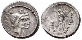 Cordius. Manius Cordius Rufus. Denarius. 46 BC. Rome. (Ffc-602). (Craw-463/1b). (Cal-465). Anv.: Conjoined heads of the Dioscuri right, each wearing p...