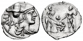 Veturius. Denarius. 137 BC. Central Italy. (Ffc-1186). (Craw-234/1). (Cal-1344). Anv.: Cabeza de Marte a derecha, detrás X y leyenda TI VET. Rev.: Un ...