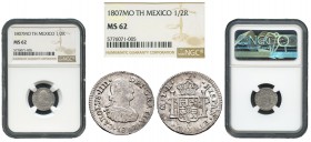 Charles IV (1788-1808). 1/2 real. 1807. México. TH. (Cal 2019). Ag. 1,65 g. It retains some luster. Slabbed by NGC as MS 62. NGC-MS. Est...150,00. 

S...