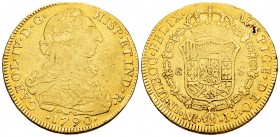 Charles IV (1788-1808). 8 escudos. 1790. Santa Fe de Nuevo Reino. JJ. (Cal-1717). (Cal onza-1114). Au. 26,85 g. Bust of Charles III and Ordinal IV. Tr...