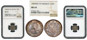 Ferdinand VII (1808-1833). 1/2 real. 1809. México. TH. (Cal-390). Ag. 1,67 g. wonderful rainbow toning. Very rare in this condition. Slabbed by NGC as...