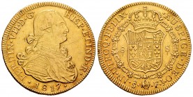 Ferdinand VII (1808-1833). 8 escudos. 1817. Santiago. FJ. (Cal-1876). (Cal onza-1364). Au. 27,09 g. Bust of Charles IV. Scratches on obverse. Choice V...
