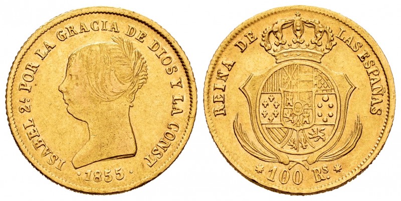Elizabeth II (1833-1868). 100 reales. 1855. Sevilla. (Cal-796). Au. 8,36 g. Choi...