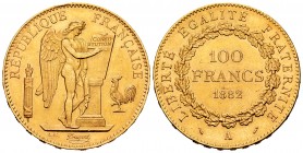 France. 100 francs. 1882. Paris. A. (Km-832). (Gad-1137). (Fried-590). Au. 32,27 g. Minor nick on edge. XF. Est...1600,00. 

SPANISH DESCRIPTION: Fran...
