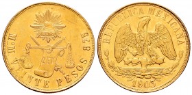 Mexico. 20 pesos. 1903. México. (Km-414.6). Au. 33,81 g. Minor nicks. It retains some luster. XF/AU. Est...1600,00. 

SPANISH DESCRIPTION: México. 20 ...