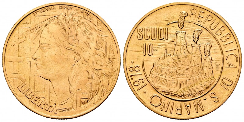San Marino. 10 escudos. 1978. (Km-88). (Fried-13). Au. 29,99 g. Scarce. UNC. Est...