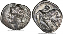 CALABRIA. Tarentum. Ca. 380-280 BC. AR diobol (13mm, 3h). NGC XF. Ca. 325-280 BC. Head of Athena left, wearing crested Attic helmet decorated with fig...