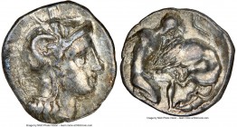 CALABRIA. Tarentum. Ca. 380-280 BC. AR diobol (12mm, 10h). NGC Choice VF. Ca. 325-280 BC. Head of Athena right, wearing crested Attic helmet decorated...