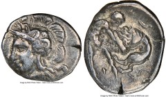 CALABRIA. Tarentum. Ca. 380-280 BC. AR diobol (13mm, 4h). NGC Choice VF. Ca. 325-280 BC. Head of Athena left, wearing crested Attic helmet decorated w...