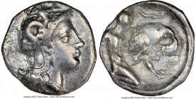 CALABRIA. Tarentum. Ca. 380-280 BC. AR diobol (12mm, 3h). NGC VF, brushed. Ca. 325-280 BC. Head of Athena right, wearing crested Attic helmet decorate...