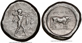 LUCANIA. Poseidonia. Ca. 470-420 BC. AR stater (19mm, 10h). NGC VF, brushed. ΠΟMES, Poseidon striding right, nude but for chlamys spread across should...