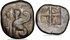 IONIAN ISLANDS. Chios. Ca. 435-350 BC. AR drachm (14mm). NGC Choice Fine. Male sphinx seated left; bunch of grapes above amphora before / Quadripartit...