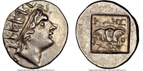 CARIAN ISLANDS. Rhodes. Ca. 88-84 BC. AR drachm (16mm, 11h). NGC Choice AU. Plinthophoric standard, Maes, magistrate. Radiate head of Helios right / M...