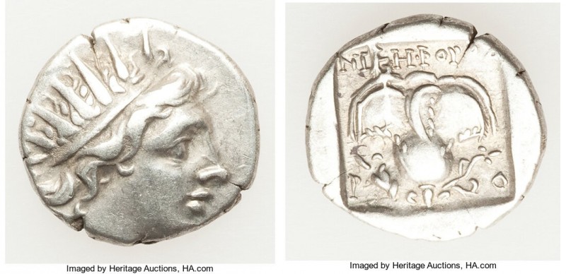 CARIAN ISLANDS. Rhodes. Ca. 88-84 BC. AR drachm (14mm, 2.34 gm, 12h). VF. Plinth...