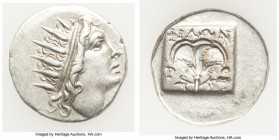 CARIAN ISLANDS. Rhodes. Ca. 88-84 BC. AR drachm (16mm, 2.36 gm, 11h). Choice VF. Plinthophoric standard, Philon, magistrate. Radiate head of Helios ri...