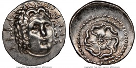 CARIAN ISLANDS. Rhodes. Ca. 84-30 BC. AR drachm (19mm, 4.07 gm, 1h). NGC Choice AU 4/5 - 4/5, flan flaw. Radiate head of Helios facing, turned slightl...