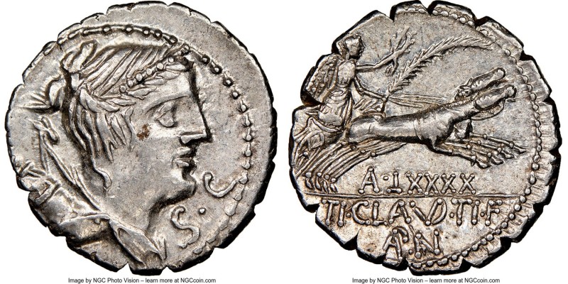 Ti. Claudius Ti.f. Ap.n. Nero (ca. 79 BC). AR denarius serratus (18mm, 6h). NGC ...