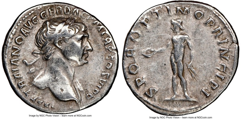 Trajan (AD 98-117). AR denarius (20mm, 7h). NGC VF. Rome, AD 103-111. IMP TRAIAN...