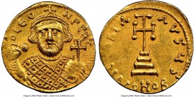 Leontius (AD 695-698). AV solidus (19mm, 4.45 gm, 6h). NGC MS 4/5 - 5/5. Constantinople, 6th officina. D LЄO-N PЄ AV, bust of Leontius facing, bearded...