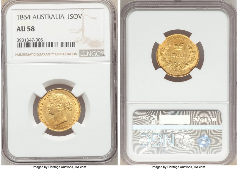 Victoria gold Sovereign 1864-SYDNEY AU58 NGC, Sydney mint, KM4. AGW 0.2353 oz. ...