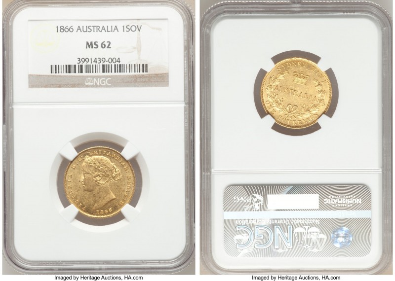 Victoria gold Sovereign 1866-SYDNEY MS62 NGC, Sydney mint, KM4. AGW 0.2353 oz. ...