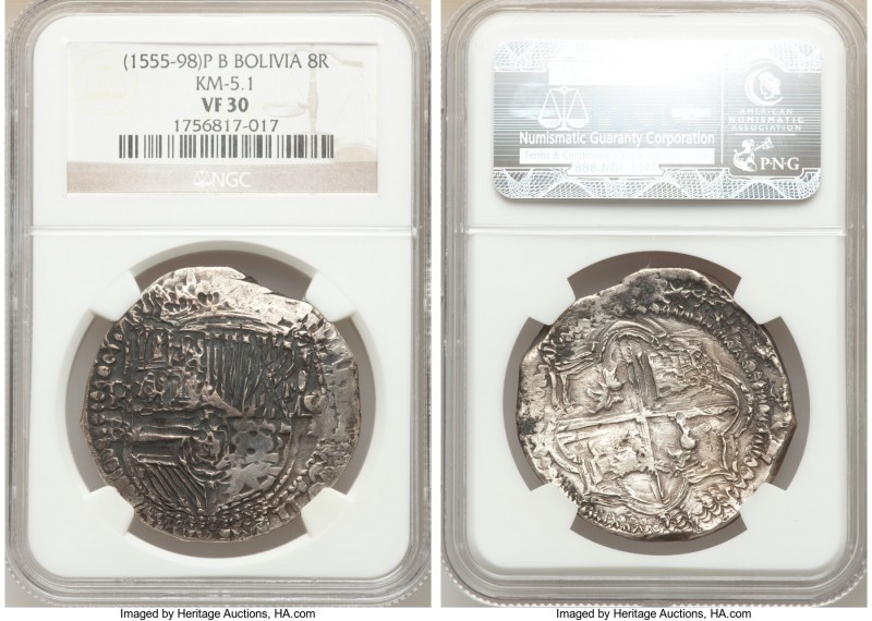 Philip II Cob 8 Reales ND (1555-1598) P-B VF30 NGC, Potosi mint, KM5.1. 

HID0...