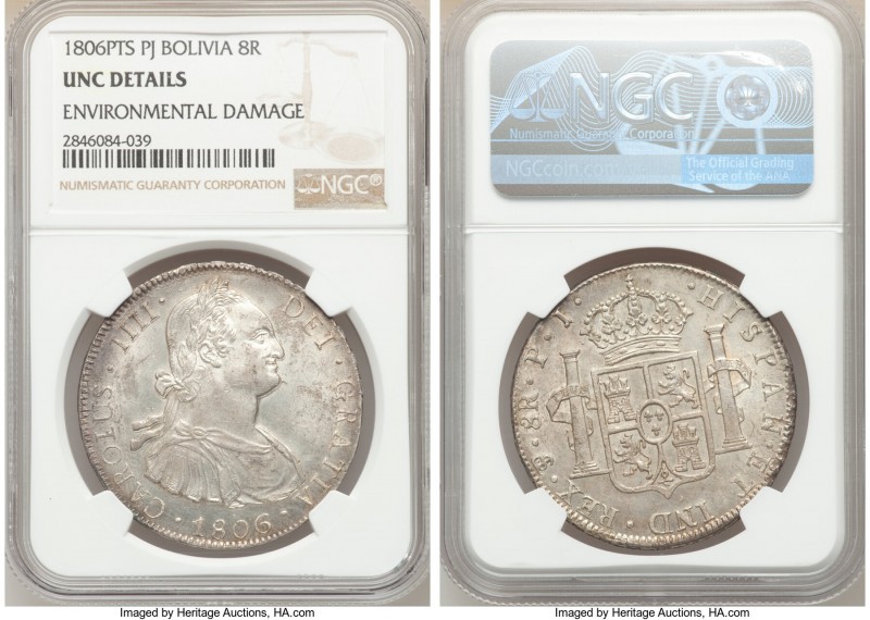 Charles III 8 Reales 1806 PTS-PJ UNC Details (Environmental Damage) NGC, Potosi ...