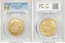 Jose I gold 6400 Reis 1773-B AU55 PCGS, Bahia mint, KM172.1. A well-defined example showing only light circulation wear. AGW 0.4229 oz. 

HID0980124...