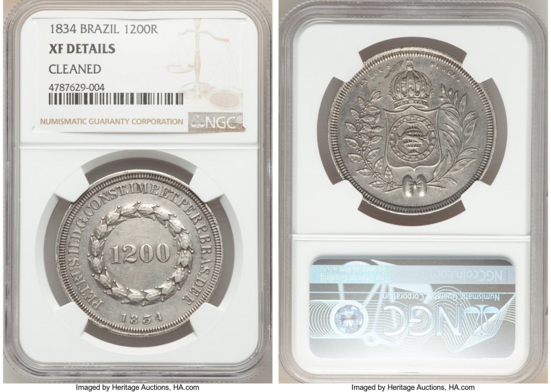 Pedro II 1200 Reis 1834 XF Details (Cleaned) NGC, KM454. The first-year issue, s...