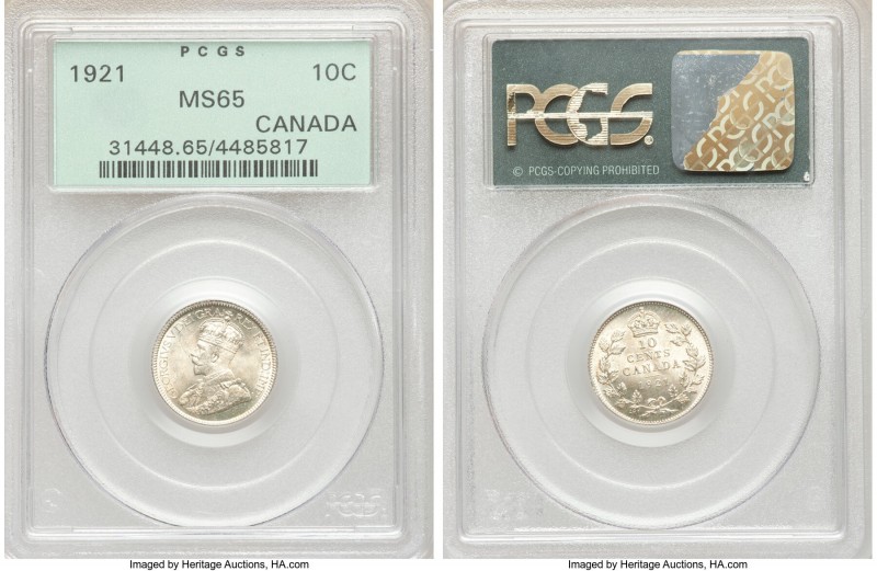 George V 10 Cents 1921 MS65 PCGS, Ottawa mint, KM23a. An appealing gem example o...