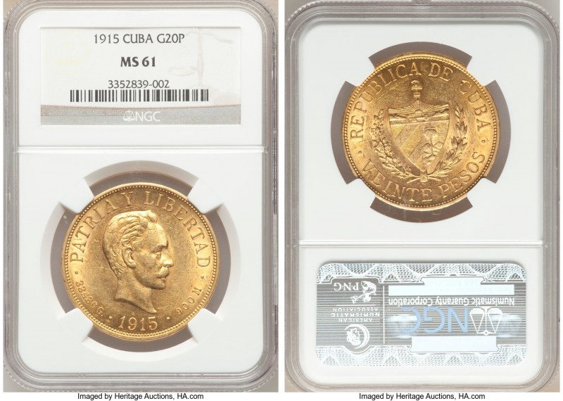 Republic gold 20 Pesos 1915 MS61 NGC, Philadelphia mint, KM21. One year type. AG...