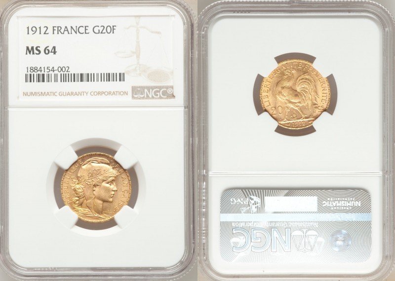 Republic gold 20 Francs 1912 MS64 NGC, Paris mint, KM857. AGW 0.1867 oz. 

HID...
